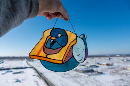Handmade stained glass bread pigeon suncatcher — funny derpy bird meme window art, Mojoartglass