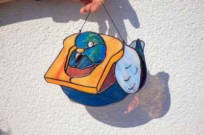 Quirky pigeon with bread slice stained glass — copper foil Tiffany method, made in Ukraine