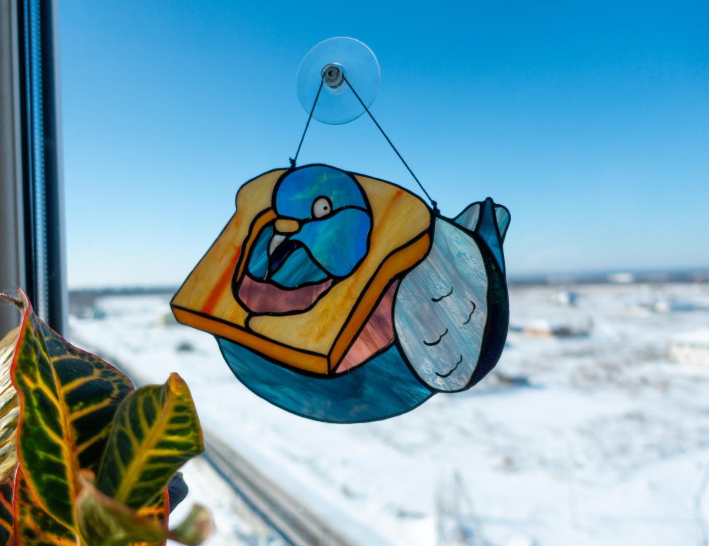 Bread pigeon stained glass art — iridescent window hanging, meme home decor, Kyiv artist