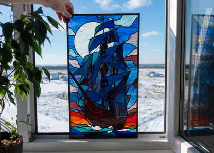 Mystical pirate ship stained glass panel — large nautical window hanging pirate lover gift