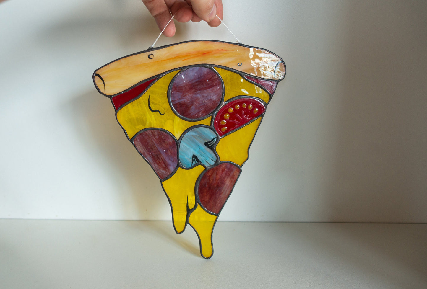 Handmade pizza slice stained glass suncatcher — funny cheesy food kitchen window art gift for pizza lovers