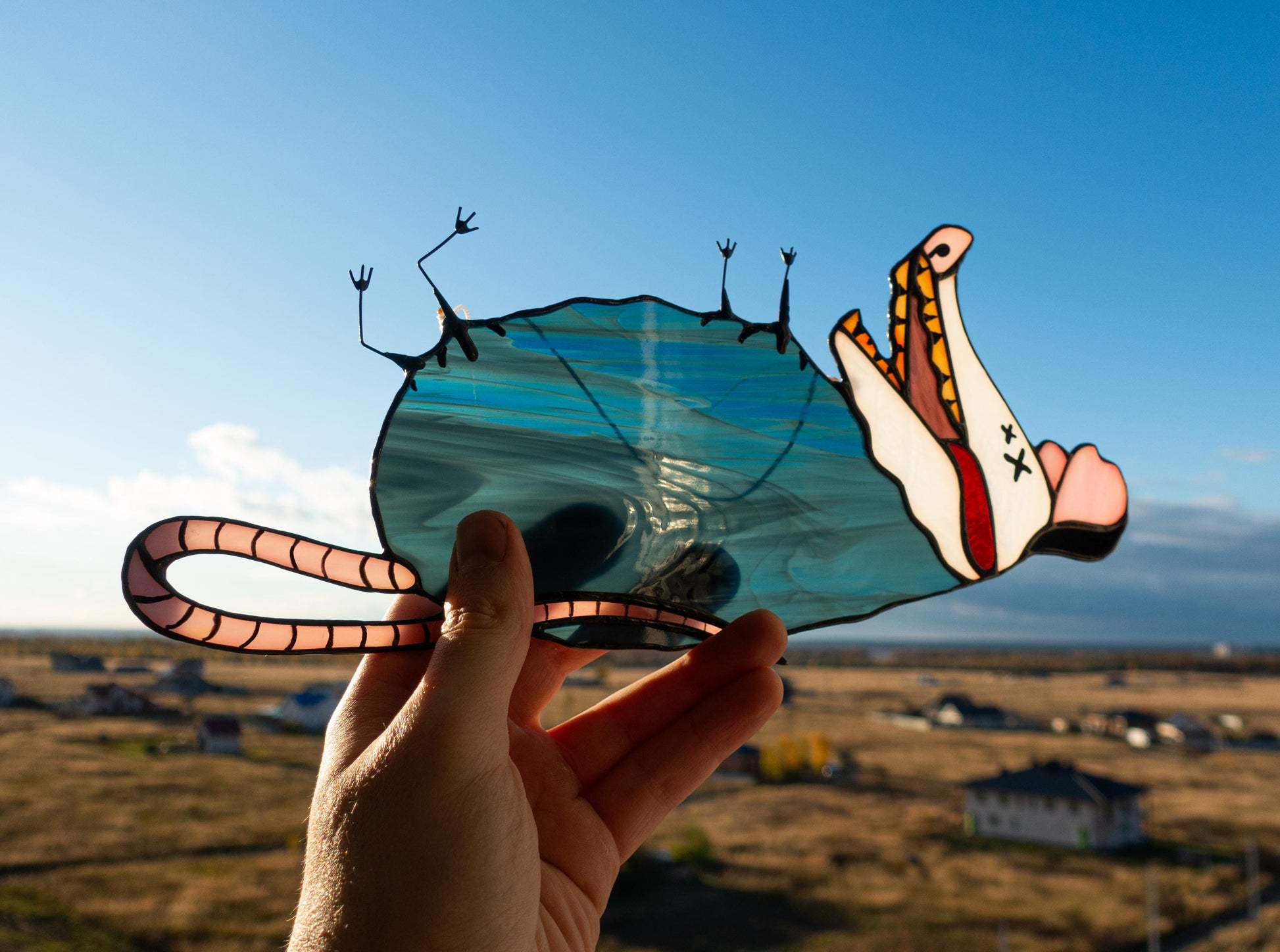 Funny possum stained glass suncatcher — introvert meme dark humor window art gift