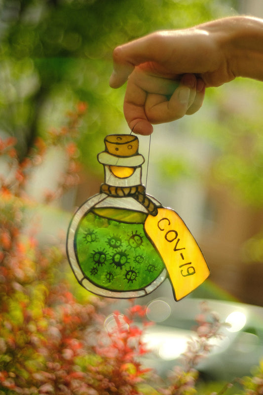 Virus potion bottle stained glass suncatcher — spooky science Halloween window art gothic gift