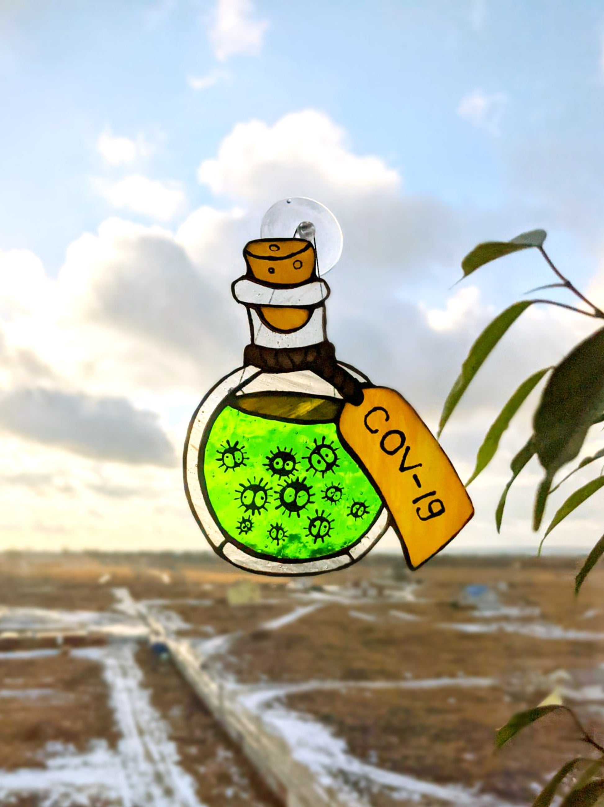 Handmade virus potion bottle stained glass suncatcher — spooky science gothic Halloween window art gift