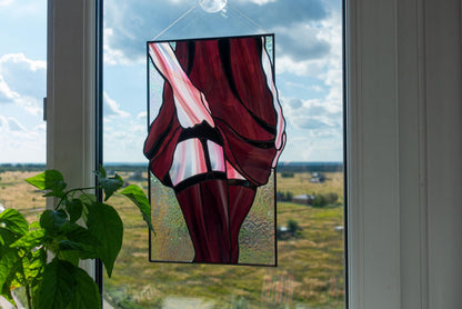 Woman in purple dress stained glass panel — art nouveau feminine window art gift for her