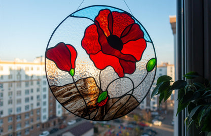 Handmade red poppy stained glass round suncatcher — floral window hanging gift for flower lovers