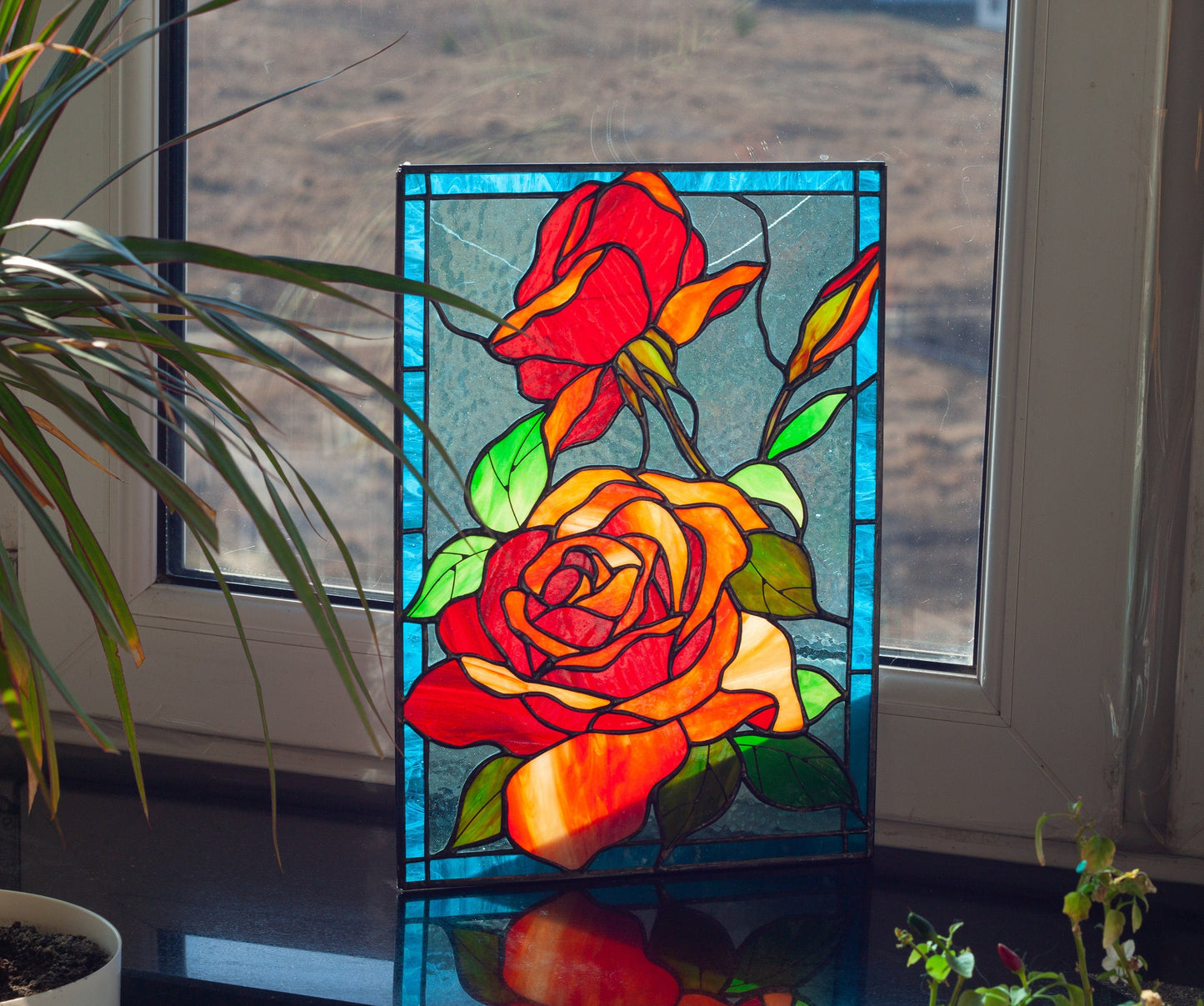 Handmade red roses stained glass window panel — romantic floral wall art Valentine anniversary gift