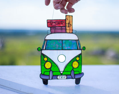 Handmade stained glass retro camper van suncatcher hanging in window — copper foil Tiffany method, Mojoartglass
