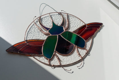 Stained glass rhinoceros beetle suncatcher — handmade scarab insect window art decor