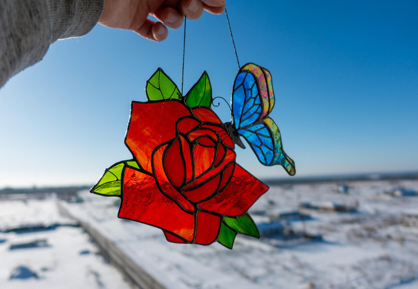 Handmade stained glass rose and butterfly suncatcher — romantic floral window art, Mojoartglass Ukraine
