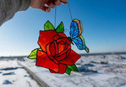 Handmade stained glass rose and butterfly suncatcher — romantic floral window art, Mojoartglass Ukraine
