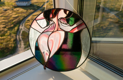Handmade round stained glass panel with feminine figure — iridescent pink and green glass, copper foil Tiffany method, Mojoartglass