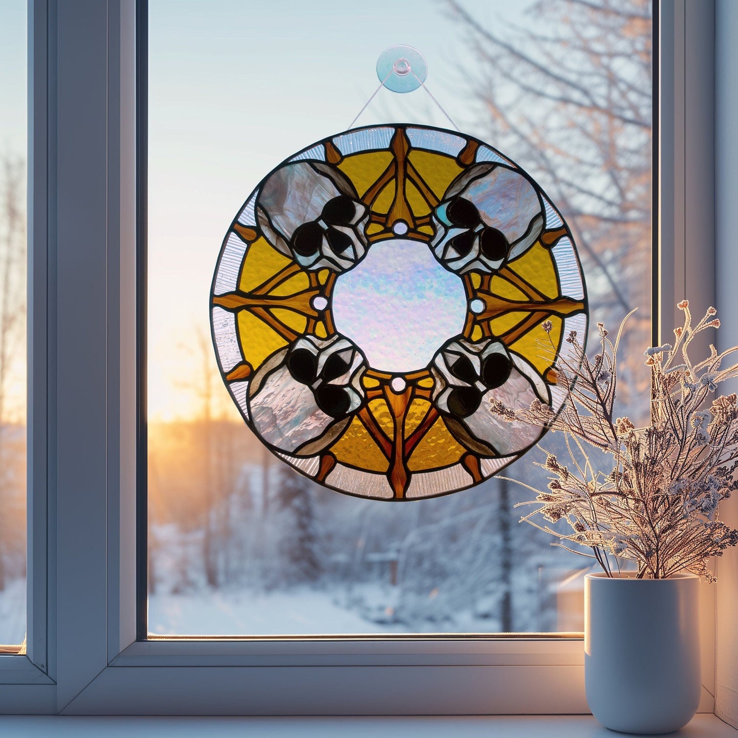 Handmade round stained glass skull panel — 11.4 inch gothic pirate mark window art, copper foil Tiffany method, Mojoartglass