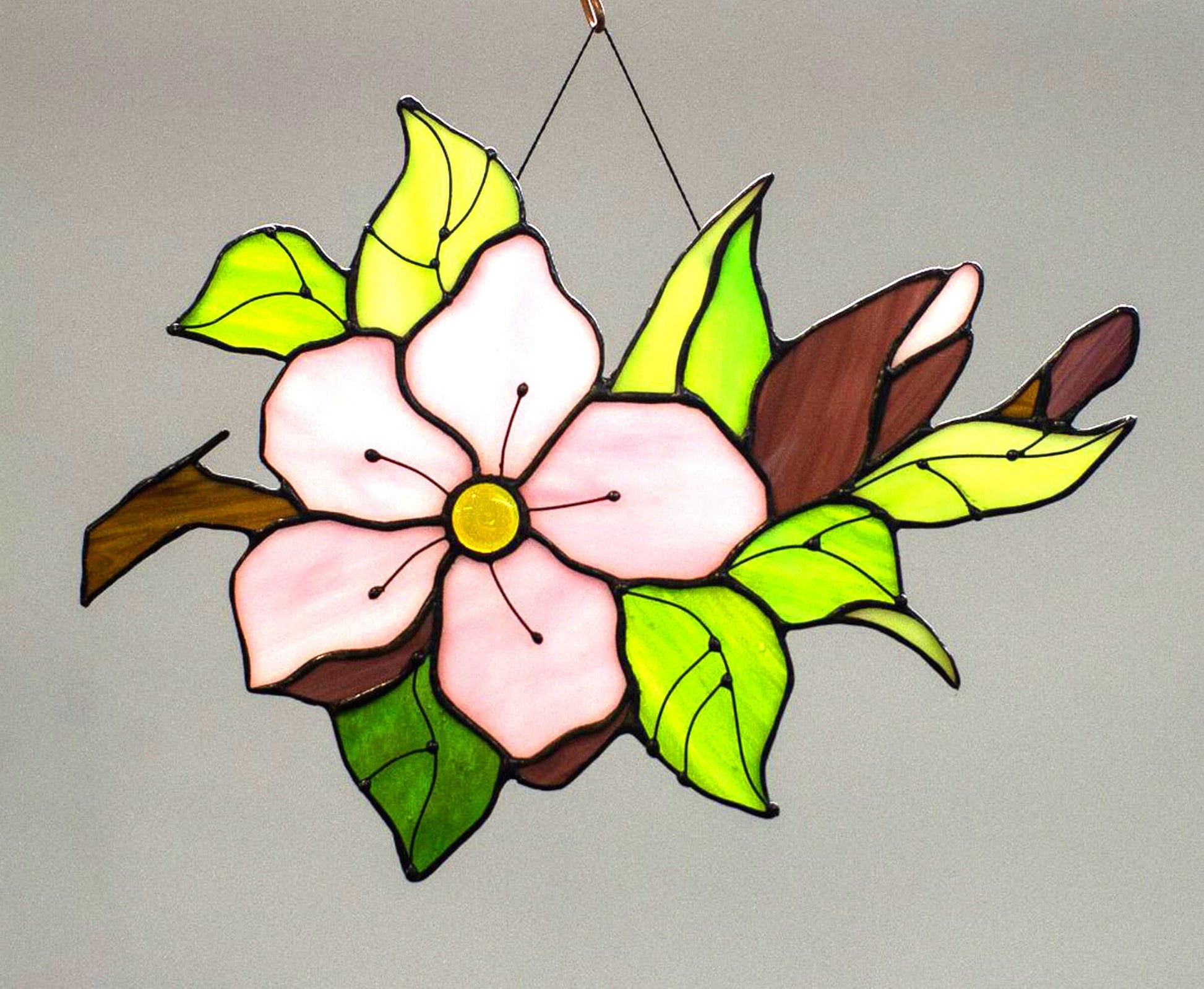 Handmade stained glass sakura suncatcher — pink cherry blossom branch spring window art, Mojoartglass