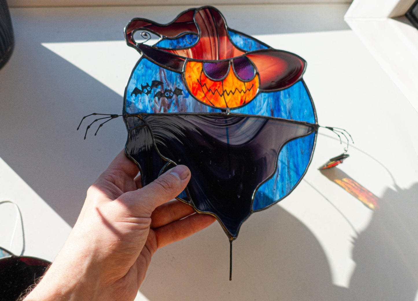 Handmade stained glass scarecrow with pumpkin head — copper foil Tiffany technique, made in Ukraine
