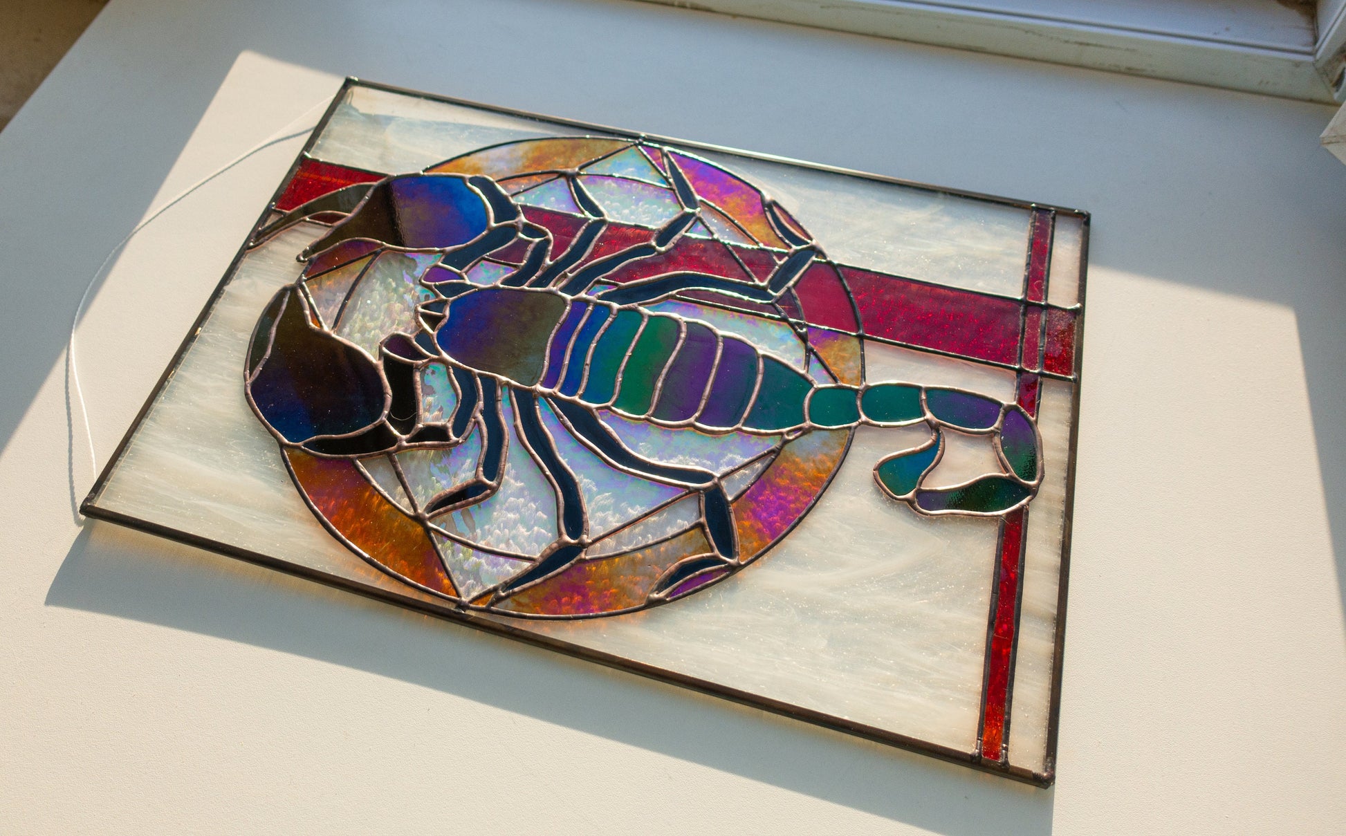 Gothic scorpion stained glass panel in window — Scorpio zodiac birthday gift, dark nature art, Mojoartglass