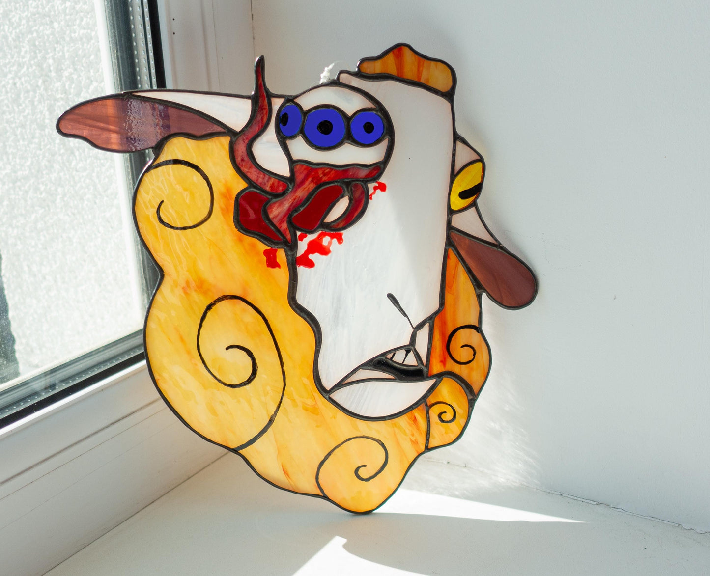 Weird stained glass sheep suncatcher — Halloween gift, white elephant, gothic home decor, handmade in Ukraine