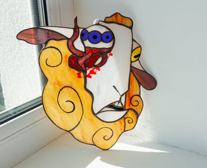 Weird stained glass sheep suncatcher — Halloween gift, white elephant, gothic home decor, handmade in Ukraine