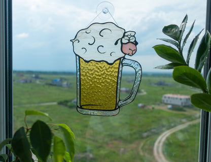 Handmade stained glass beer pint with sheep foam — copper foil Tiffany technique, made in Ukraine