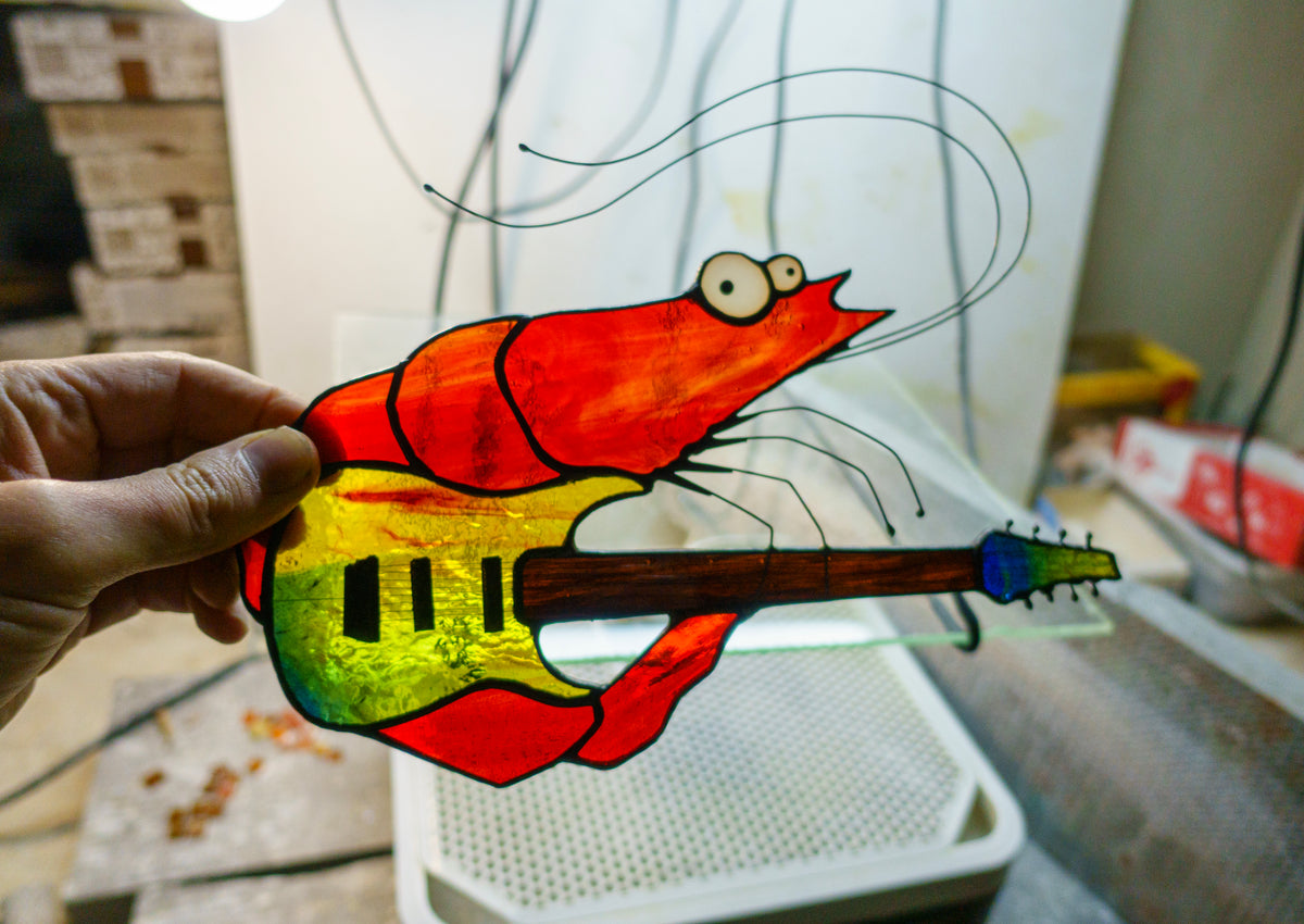Djent Shrimp Stained Glass Suncatcher — Metal Guitar Meme Window Art, Musician Weird Funny Gift