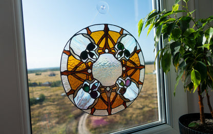 Halloween skull stained glass round panel — dark mysterious colors, black patina finish, made in Ukraine