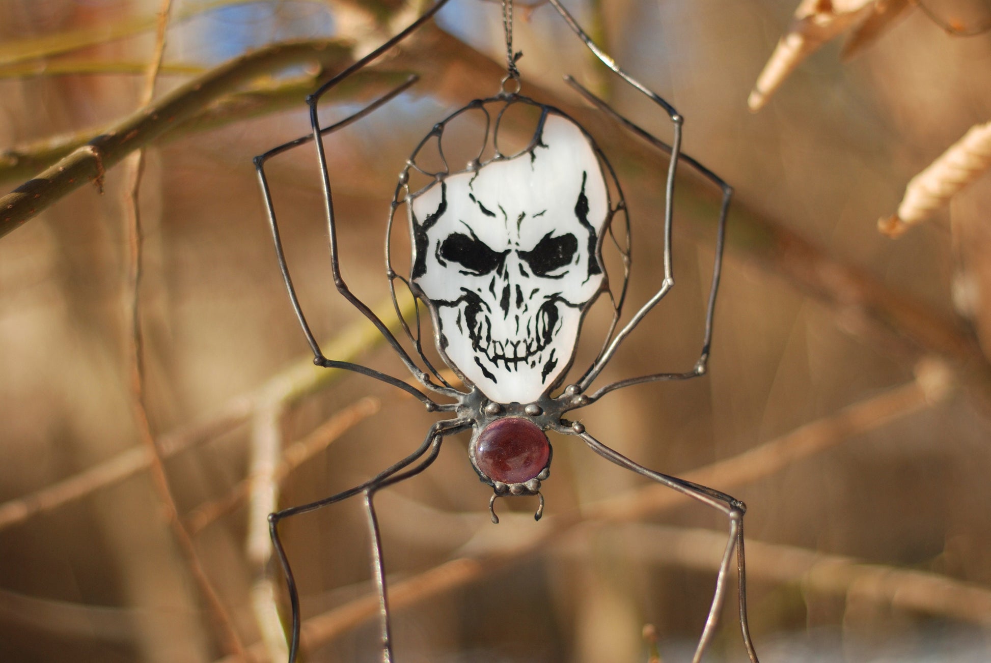 Handmade spider skull stained glass suncatcher — haunted gothic Halloween window art horror gift