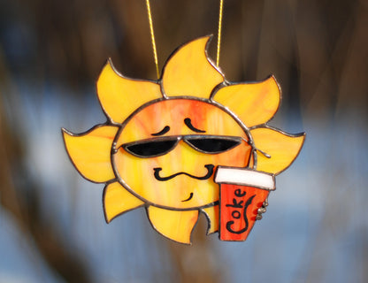 Funny sun stained glass — amber yellow glass, copper foil Tiffany method, made in Ukraine