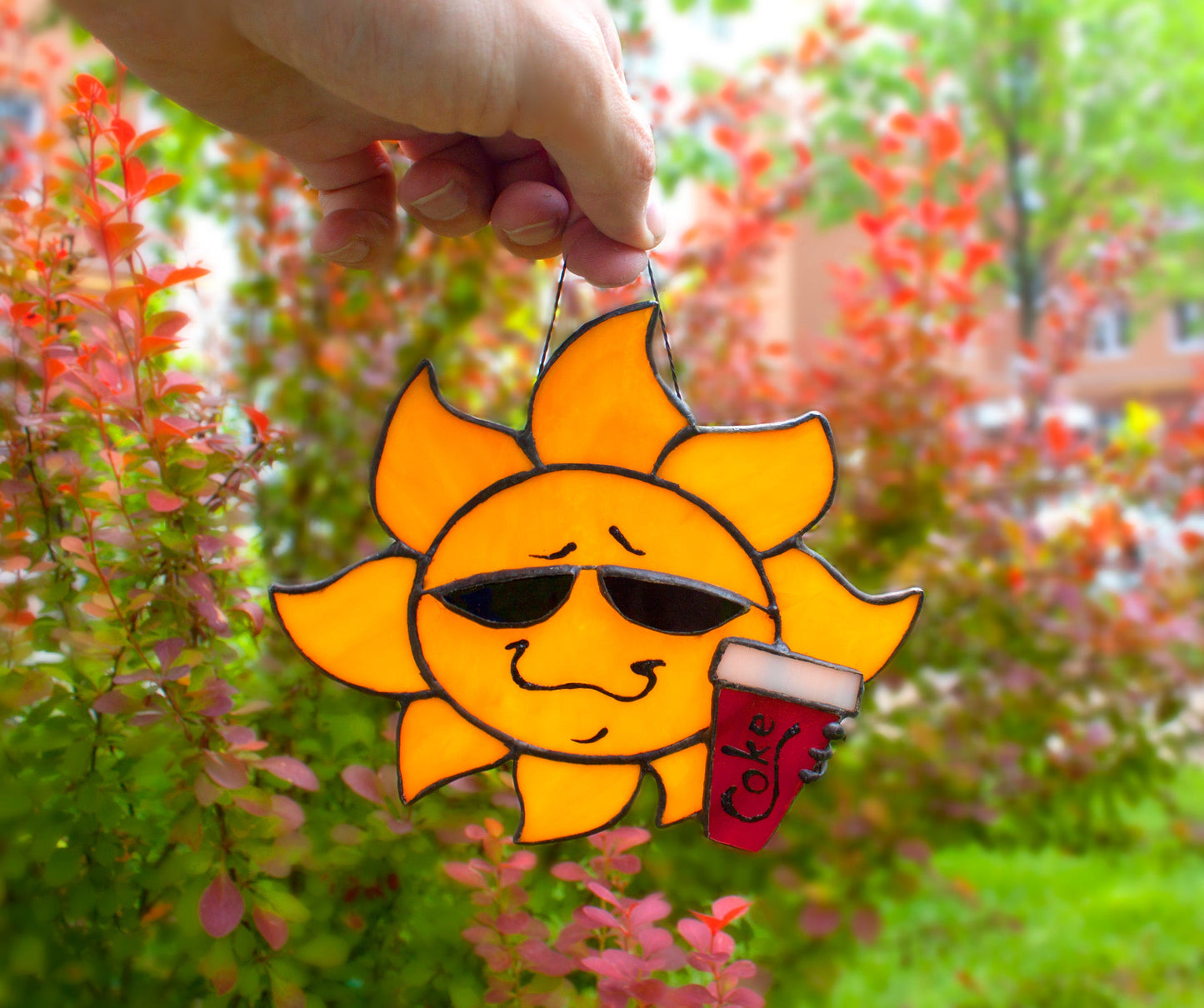 Cool sun cola suncatcher hanging in window — 150×120mm, quirky summer kitchen decor