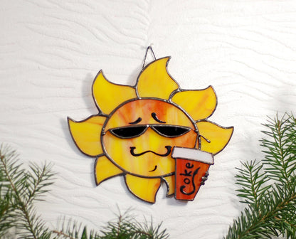 Stained glass sun with sunglasses art — cheerful hand-cut glass, funny gift, Kyiv artist