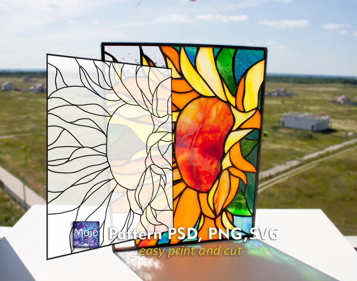 Sunflower stained glass pattern SVG PSD download — floral DIY suncatcher window panel template