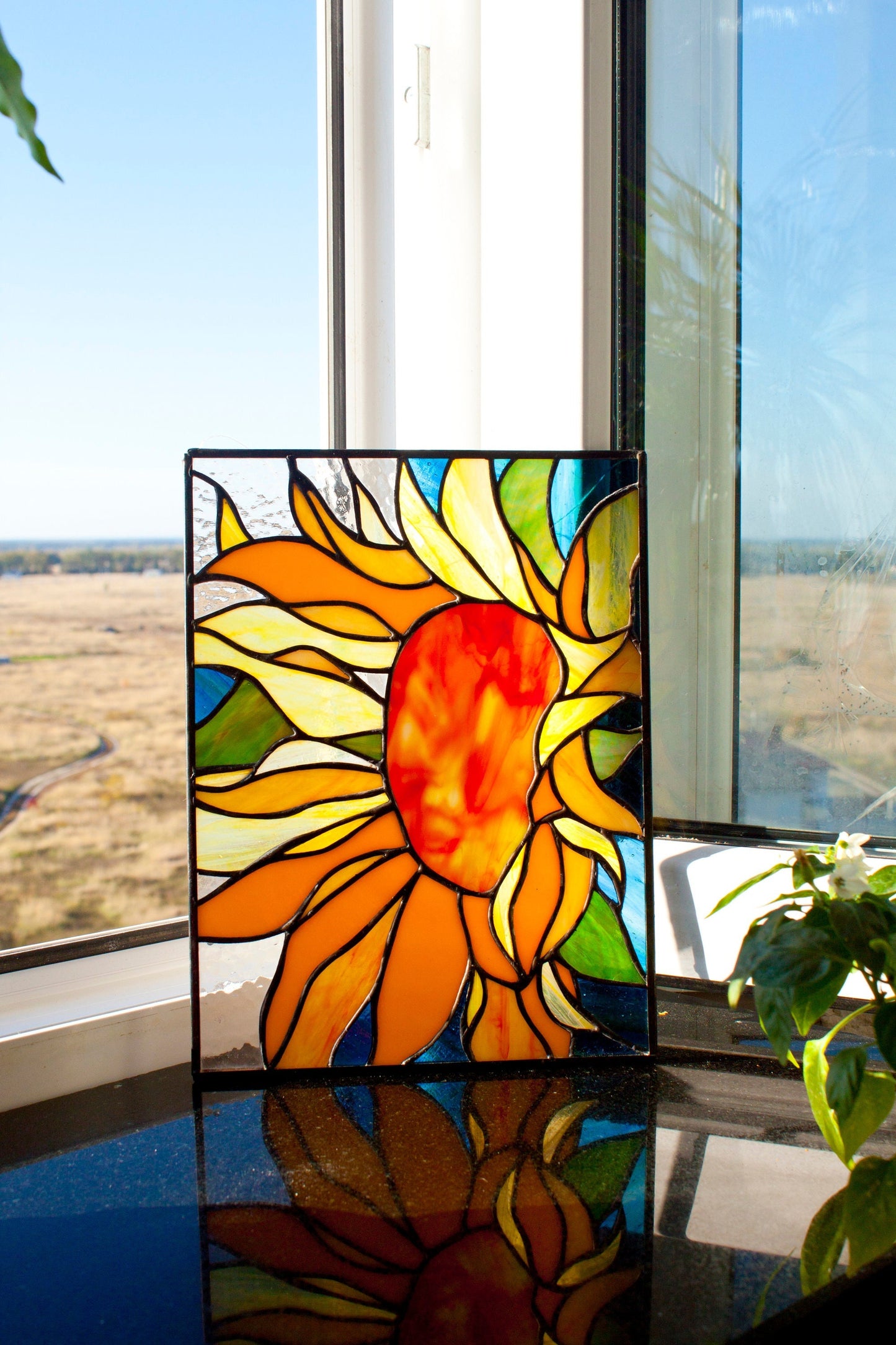 Handmade stained glass sunflower panel — Ukrainian national flower window art, Mojoartglass

