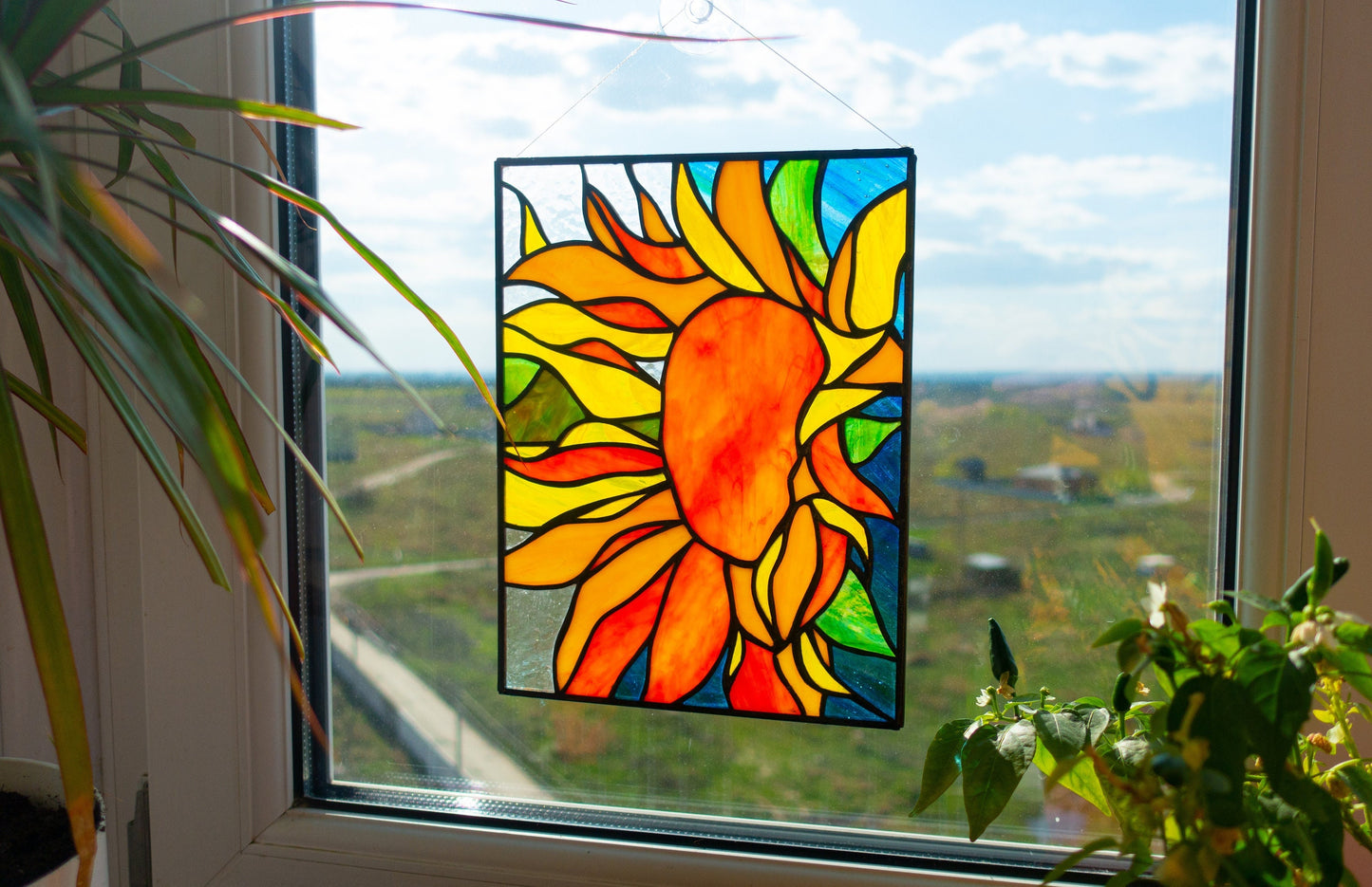 Golden sunflower stained glass — warm amber petals, copper foil Tiffany method, made in Ukraine