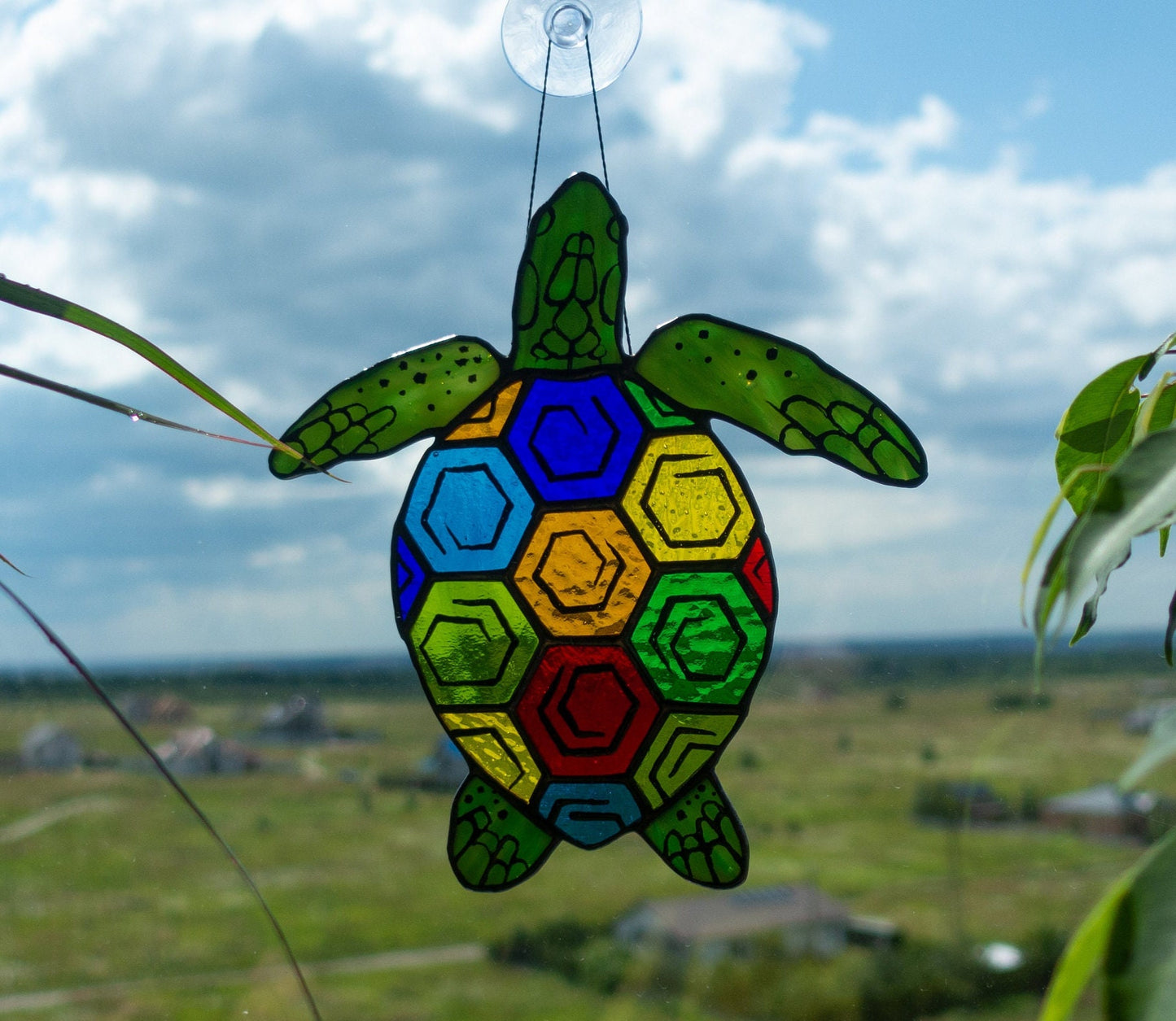 Handmade stained glass sea turtle suncatcher — colorful patchwork shell ocean window art, Mojoartglass