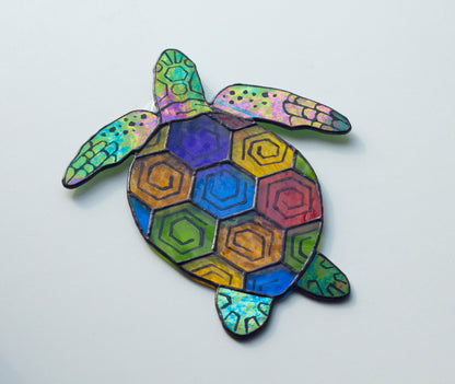 Sea turtle stained glass — ocean blues greens geometric shell, copper foil Tiffany method, made in Ukraine

