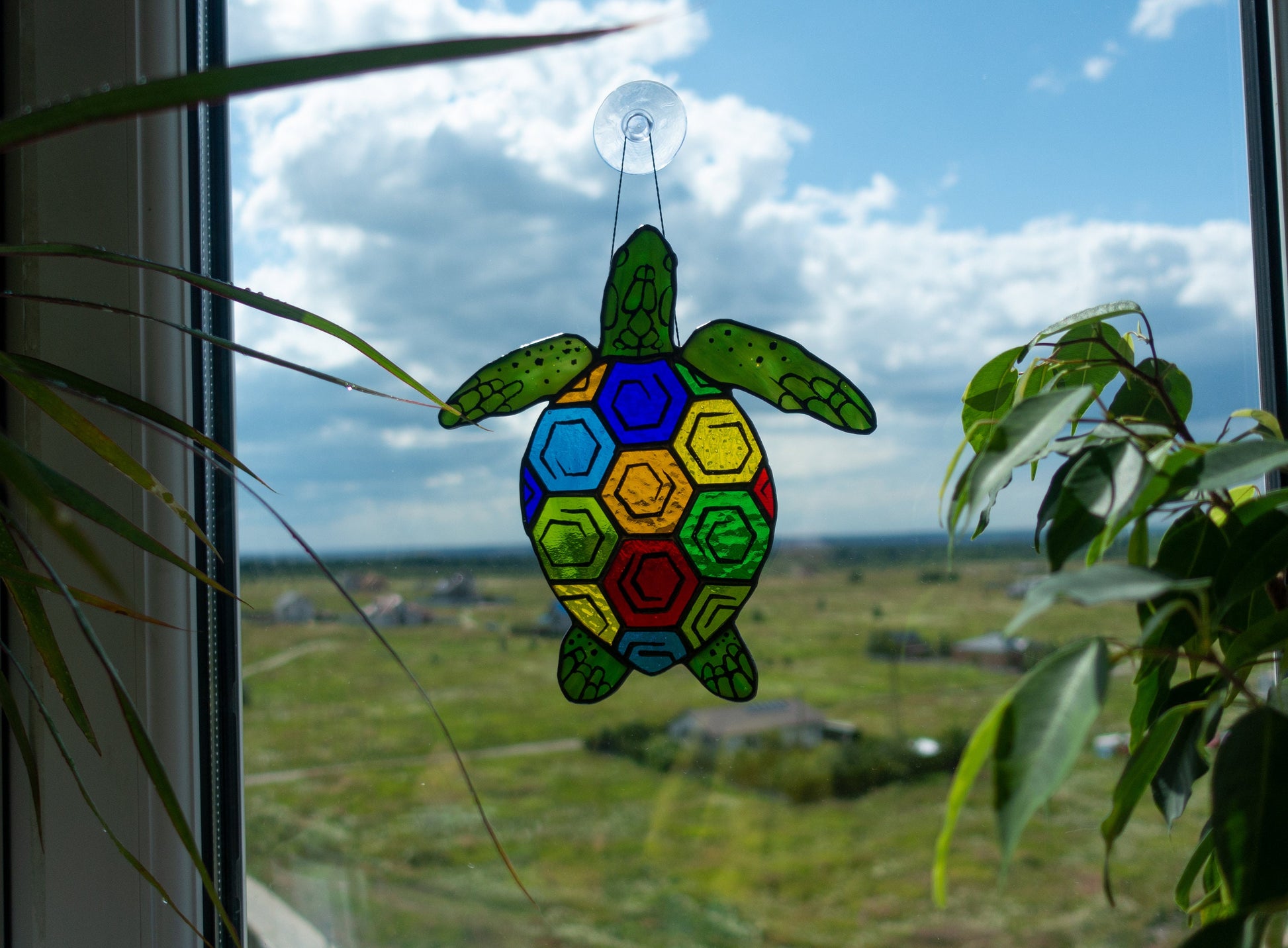 Sea turtle suncatcher hanging in window — 225×135mm, coastal beach house home decor