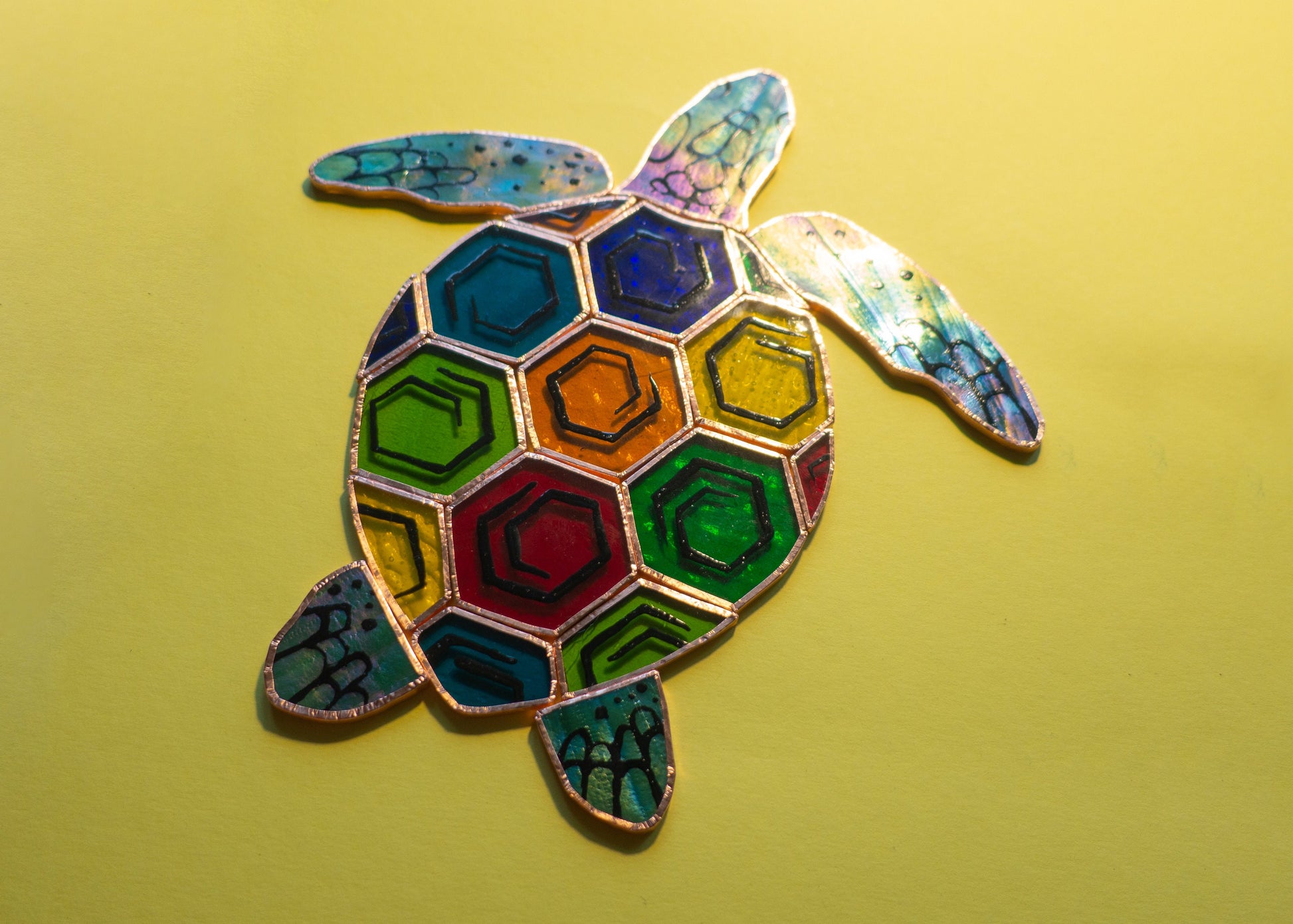 Stained glass turtle art — hand-cut hexagonal shell sections, gift for turtle lovers, Kyiv artist