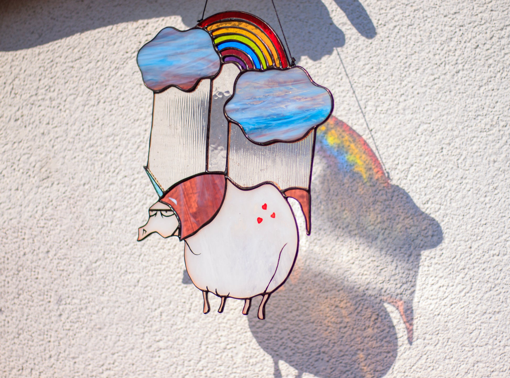 Sad unicorn suncatcher gift — Tiffany method stained glass, 220×280mm, made in Ukraine