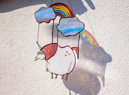 Sad unicorn suncatcher gift — Tiffany method stained glass, 220×280mm, made in Ukraine