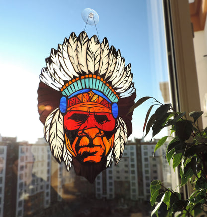 Tribal warrior chief portrait stained glass suncatcher — southwest boho window hanging warrior gift