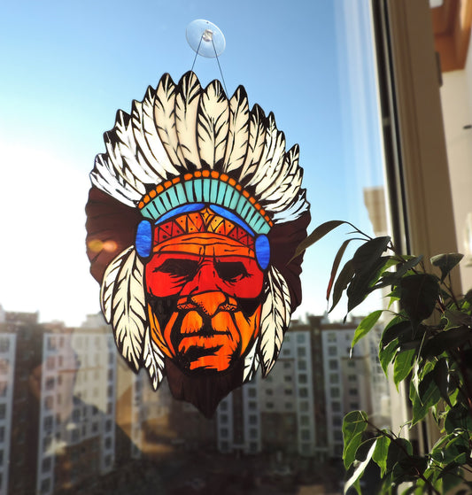 Tribal warrior chief portrait stained glass suncatcher — southwest boho window hanging warrior gift