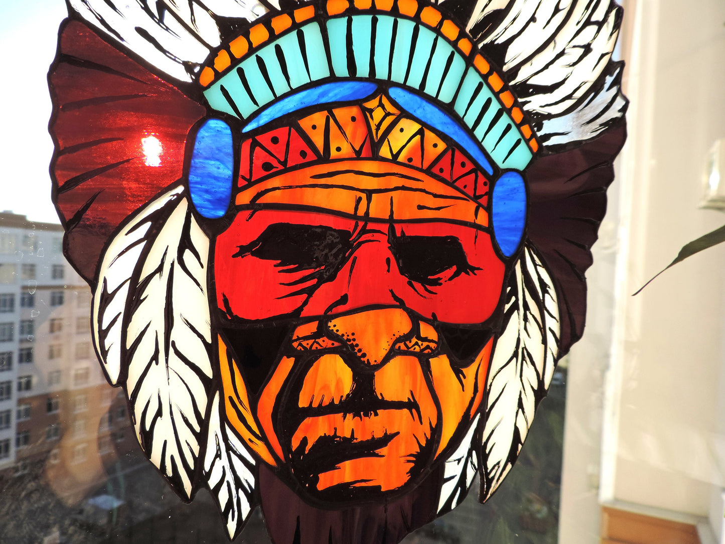 Handmade tribal warrior chief stained glass suncatcher — southwest boho portrait window art warrior gift