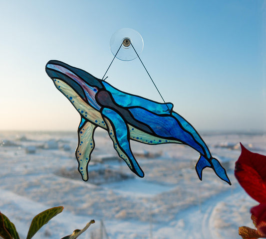 Humpback whale stained glass suncatcher — ocean nautical window hanging beach house gift