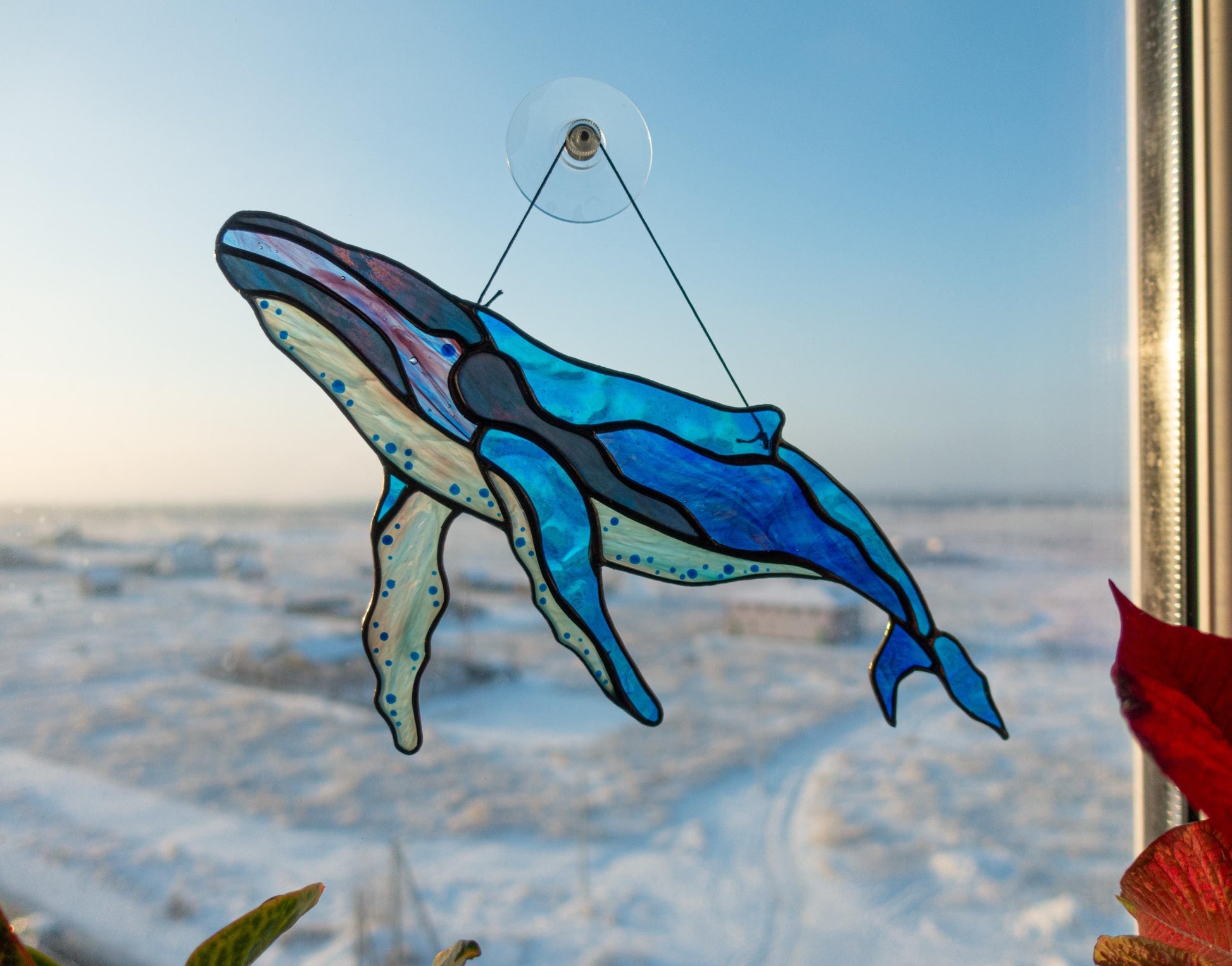 Handmade humpback whale stained glass suncatcher — blue ocean window art coastal home decor