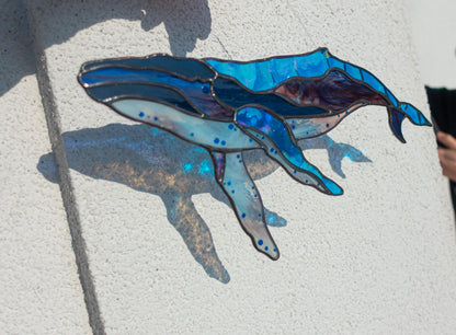 Tiffany copper foil stained glass whale detail — deep blue ocean glass, hand-cut pieces
