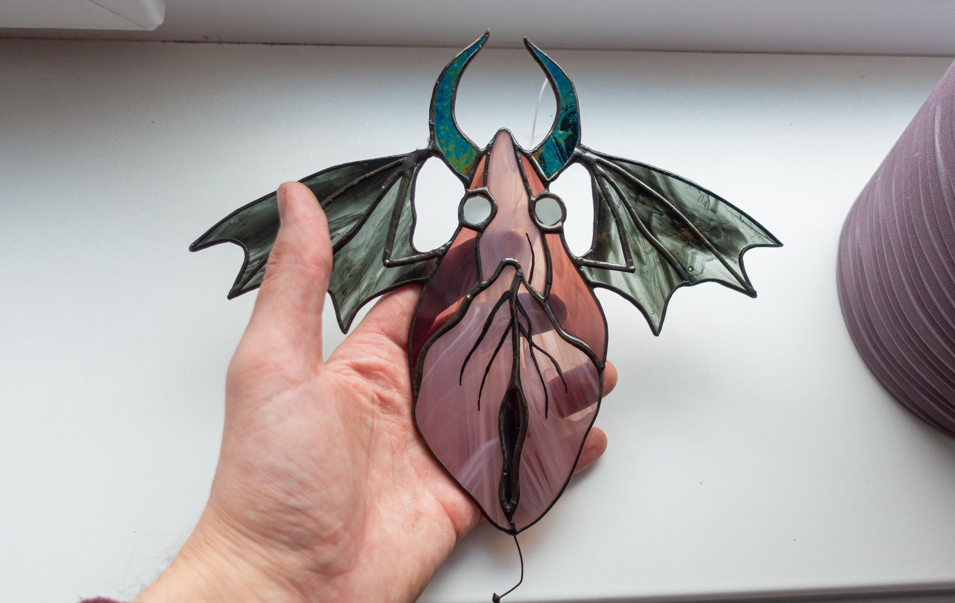 Gothic winged spirit stained glass suncatcher — witchy Halloween gift, dark academia decor, handmade in Ukraine