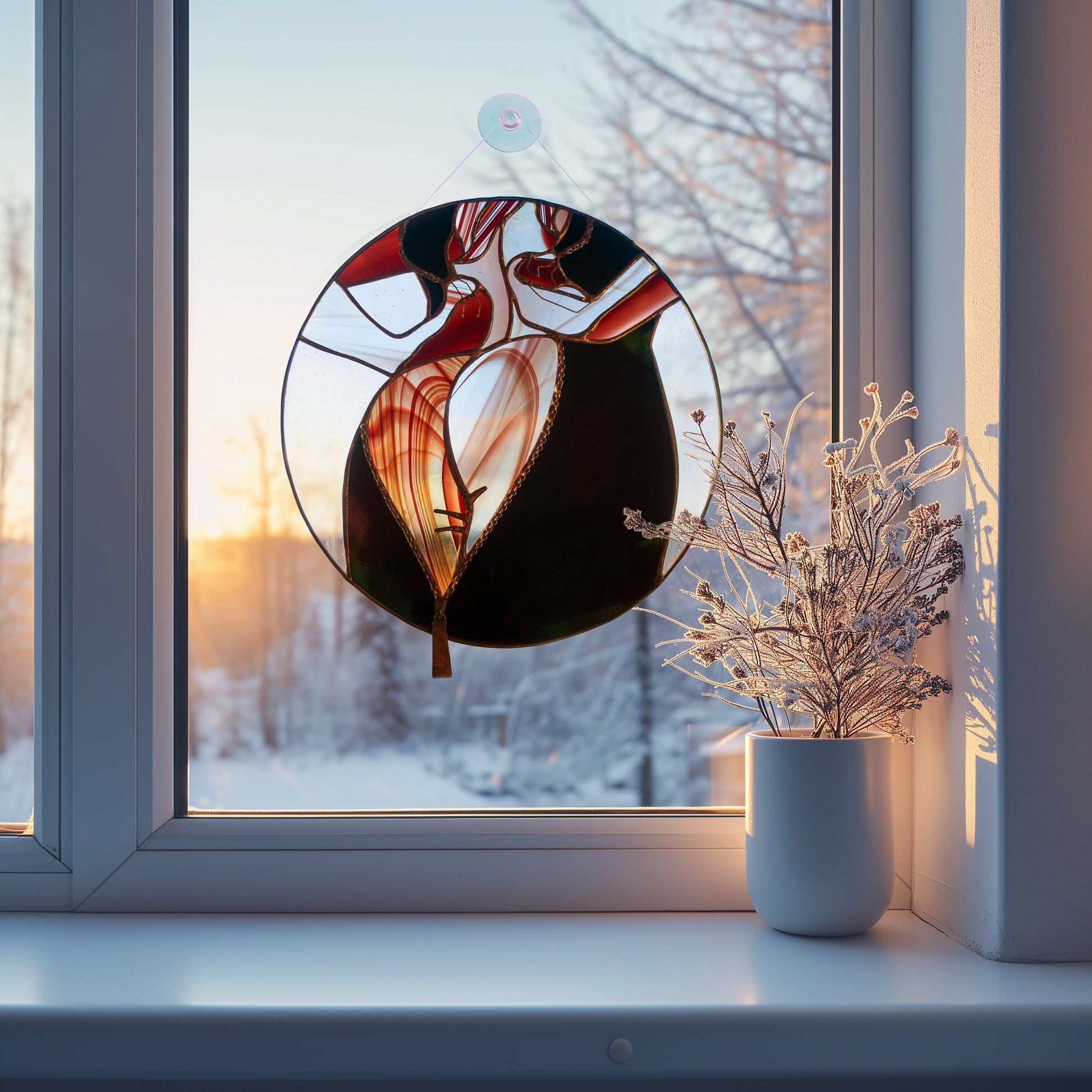 Elegant woman silhouette stained glass — 11 inch round window art, shifts color in natural light, made in Ukraine