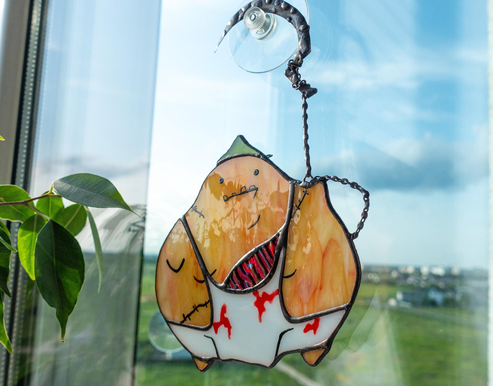 Horror zombie suncatcher hanging in window — 150×120mm, dark fantasy home decor

