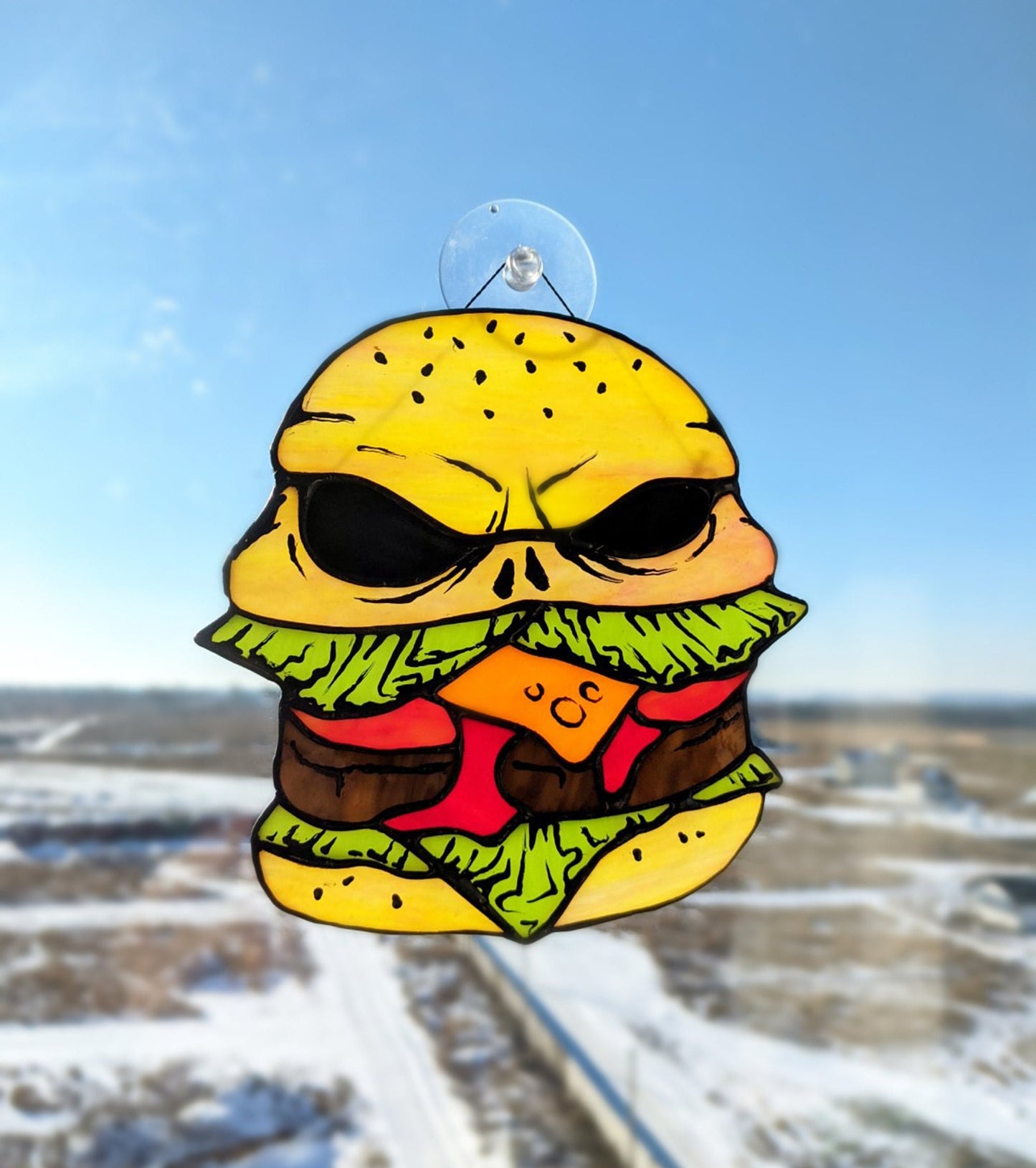 Handmade Halloween zombie burger stained glass suncatcher — skull food spooky horror window art weird gift